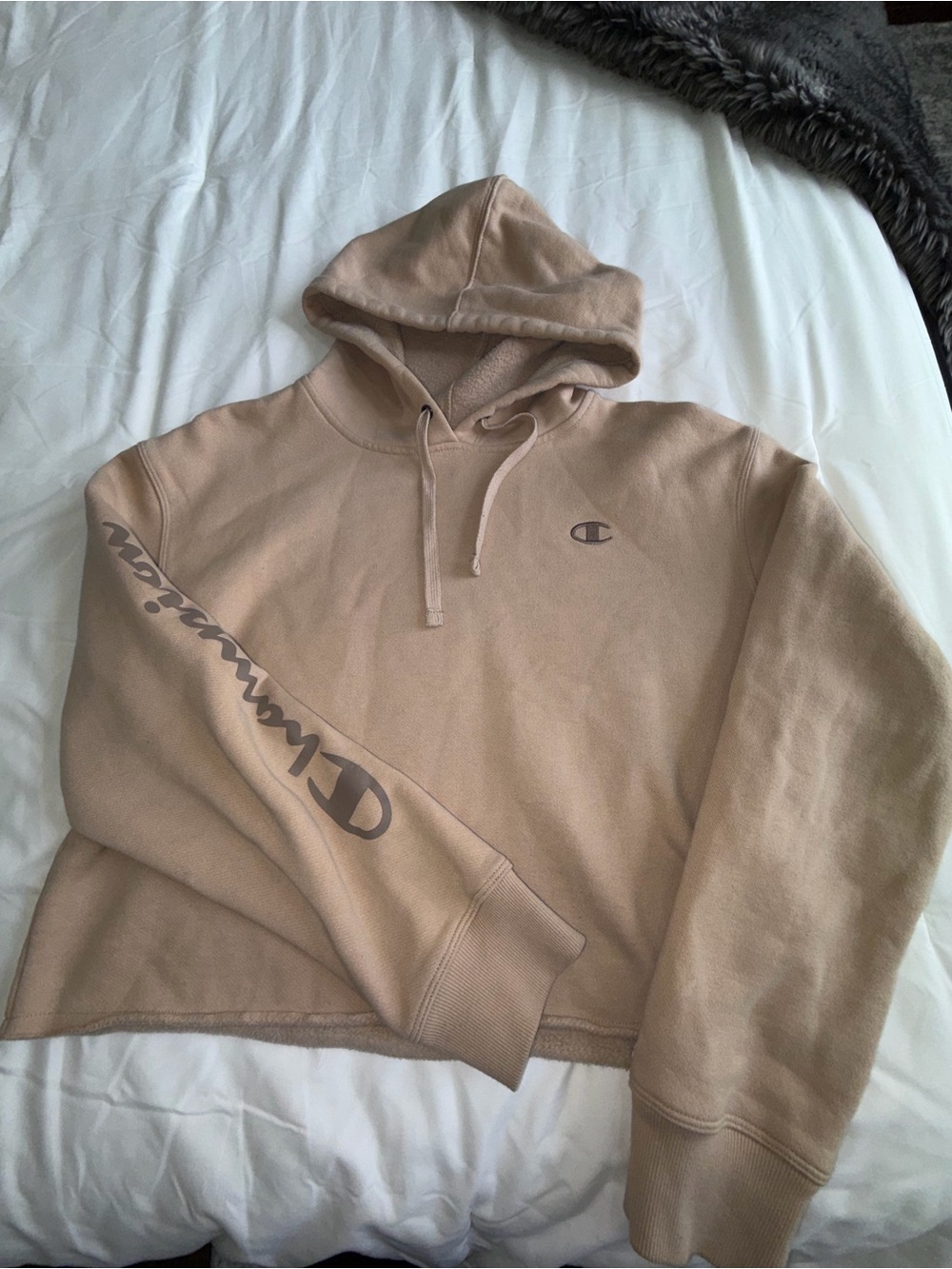 Champion Beige Cropped Logo Hoodie - Neutral Tan Pullover